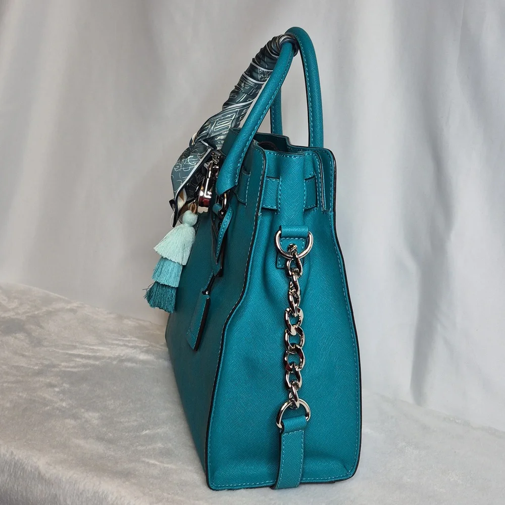 Michael Kors Hamilton Aqua/Turquoise Saffiano Satchel - Picture 8 of 17